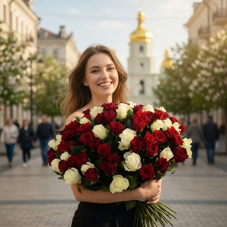 101 червоно-біла троянда – доставка квітів у Київ