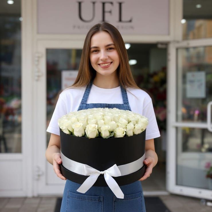 101 біла троянда в коробці XXL – доставка квітів у Київ