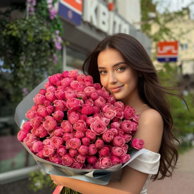 51 рожева піоновидна троянда – доставка квітів у Київ