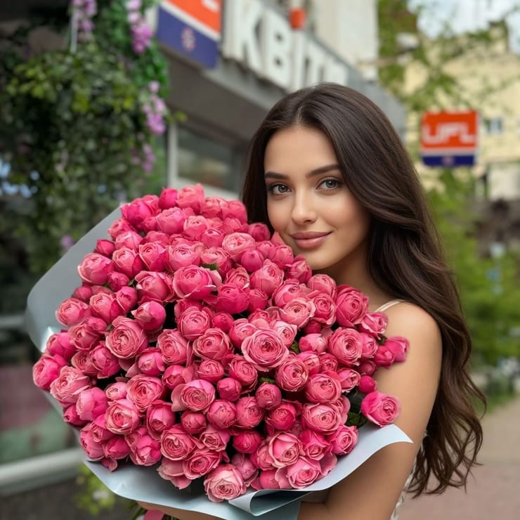 51 рожева піоновидна троянда – доставка квітів у Київ